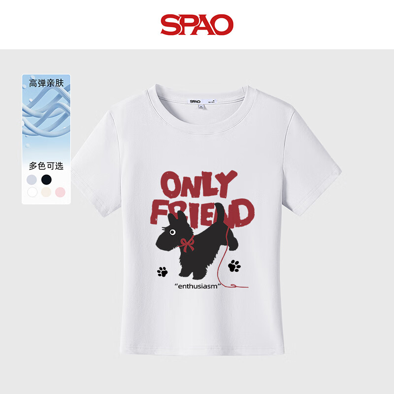 SPAO圆领紧身短袖t恤女2025年夏季新款卡通小狗亲肤上衣SPDX25AT01XY 白/色块小狗 S