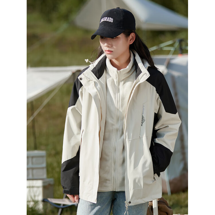 德尔.默克(Delmerk)山系冲锋服男女上衣三合一可拆卸两件套防寒滑雪登山服团购定制 女-抓绒两件套白色 XL