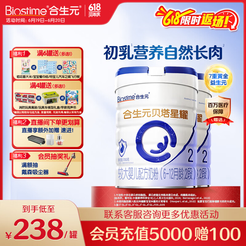 合生元（BIOSTIME）贝塔星耀 较大婴儿配方奶粉 好吸收 2段(6-12个月) DHA 700g*2罐