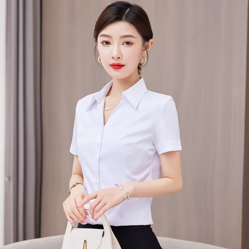深V领白色衬衫女短袖职业2026新款夏季气质修身通勤工作服装免烫 白色 (V领) 4XL (150-160斤)