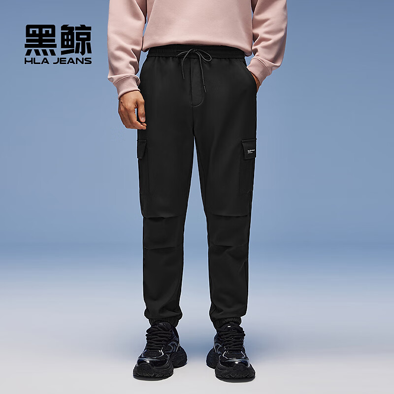 黑鲸【海澜之家旗下】加绒束脚休闲裤男多口袋工装裤男腰间抽绳 黑色02 S