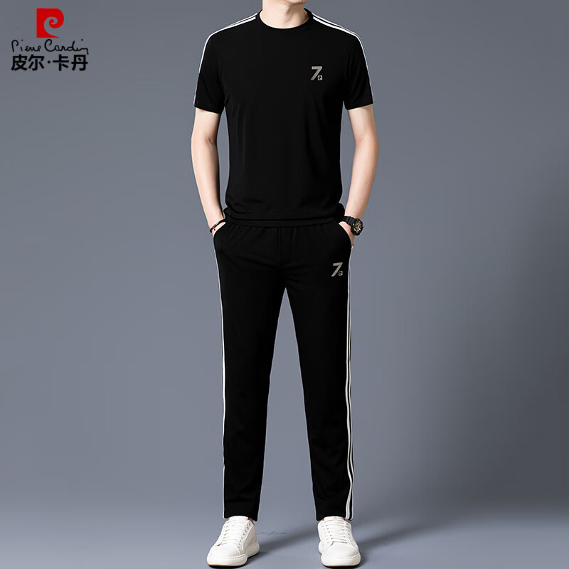 皮爾卡丹（pierre cardin）男裝冰絲速干休閑運(yùn)動套裝男款短袖T恤冰絲夏裝一套男裝針織 5077款黑色 XL
