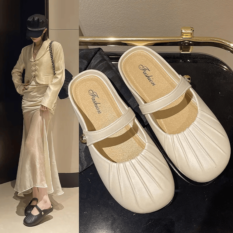福虹辰2025春季外穿百搭平底单鞋女软底豆豆鞋孕妇防滑玛丽珍乐福鞋夏HD 褶皱包头拖-白色 40 -41适合39-40