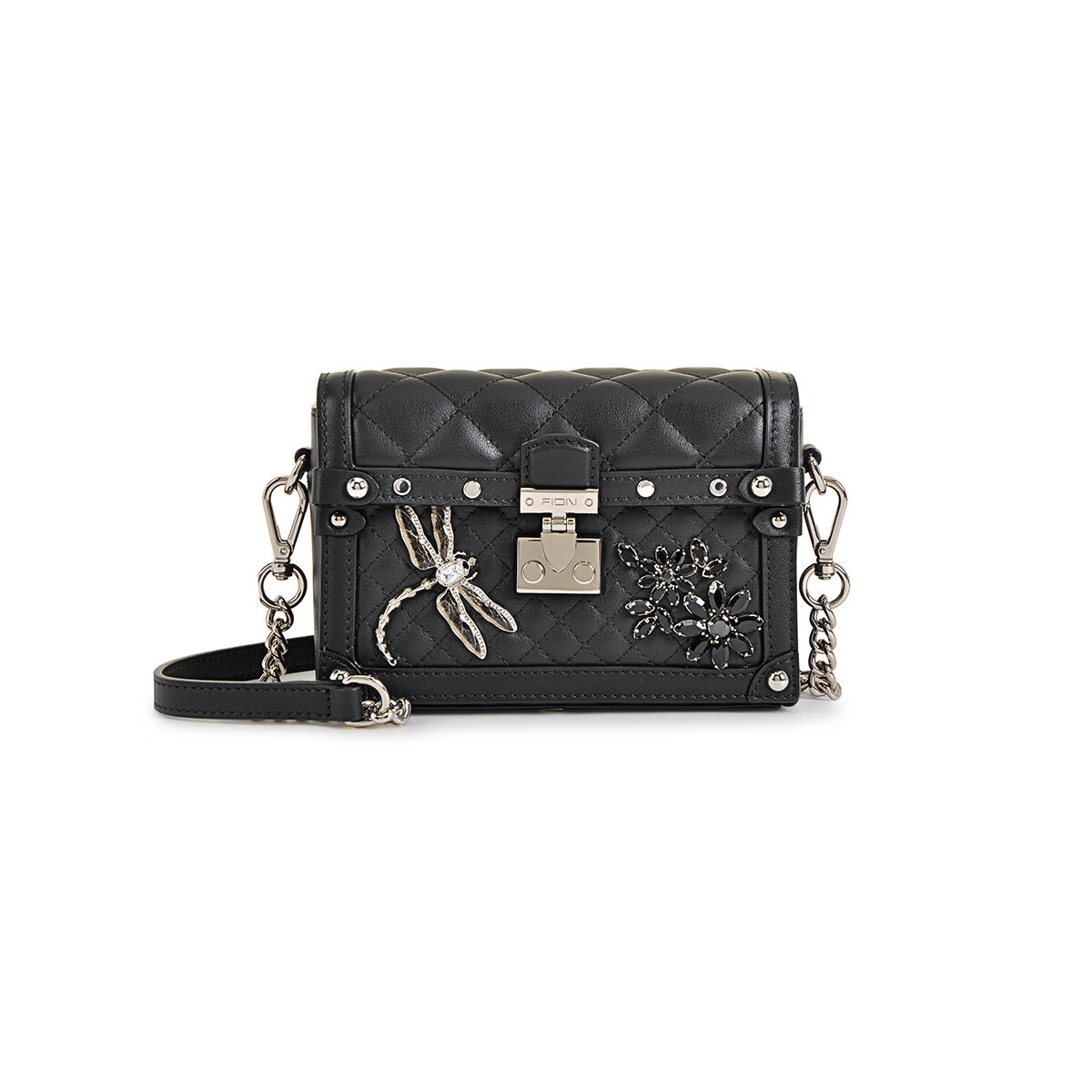 菲安妮蜻蜓菱格宝石小方包高级女士盒子单肩包斜挎包单肩包 黑 17*12.5*6cm