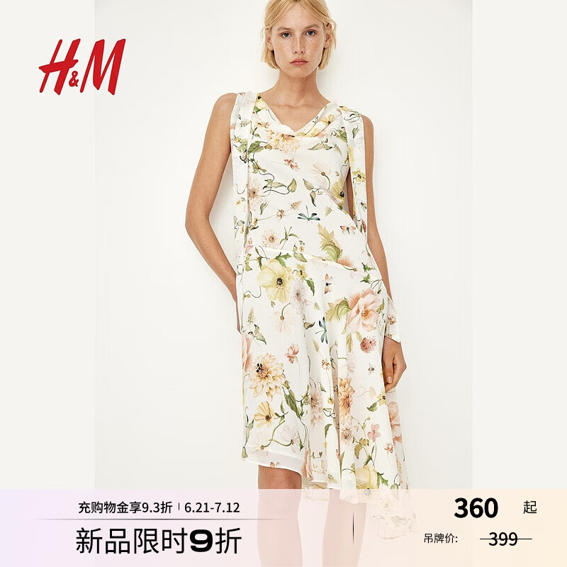 H&M女装花卉连衣裙2025夏季新款不规则荡领设计感连身裙1284563 奶油色/花卉 L 170/104