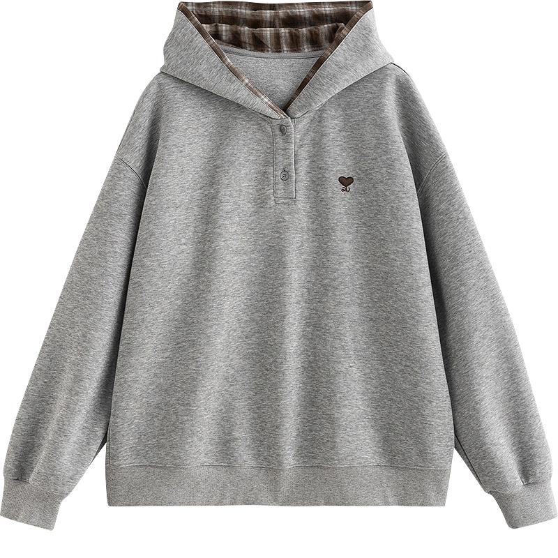 初语卫衣女2025秋季新款棉质复古花灰色格纹连帽宽松轻运动上衣 花灰色 L