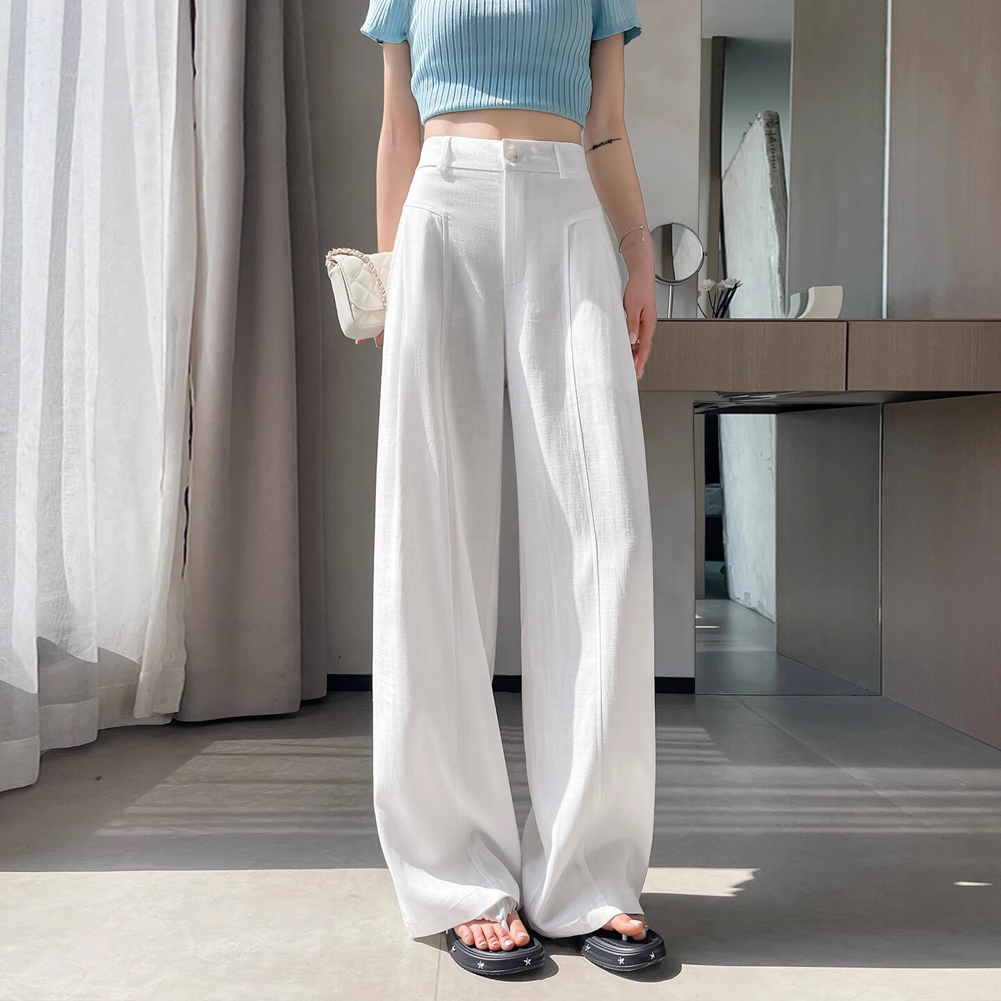 浪莎亚麻阔腿裤女新款夏季冰丝休闲裤高腰垂感小个子直筒薄款西装裤 白色【抗皱收肉显瘦塑身】 L 推荐体重(109-118斤)