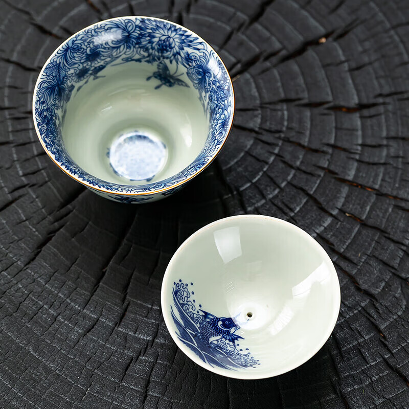 京峰阁 茶具三才盖碗套装 景德镇陶瓷青花瓷高档泡茶碗家用办公室送礼物 鱼化龙纳福三才盖碗180ml