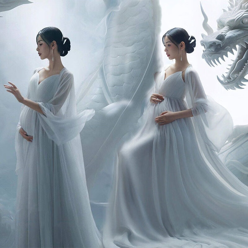緲雨孕婦拍照服裝影樓唯美孕媽咪大肚照寫真禮服攝影藝術(shù)照孕婦照 1號(hào)外披+連體長裙 均碼