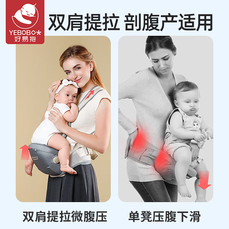 好易抱腰凳婴儿背带前抱式抱娃神器0-36个月宝宝出行轻便坐凳夏季透气 远山灰【6点式减压，360°透气】