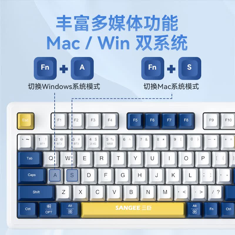 三巨K18有线键盘鼠标套装机械手感背光炫光游戏电竞办公低音键盘舒适手感USB台式电脑笔记本通用98键 KB18缃叶蓝-【三模键鼠套装】 有线 98键