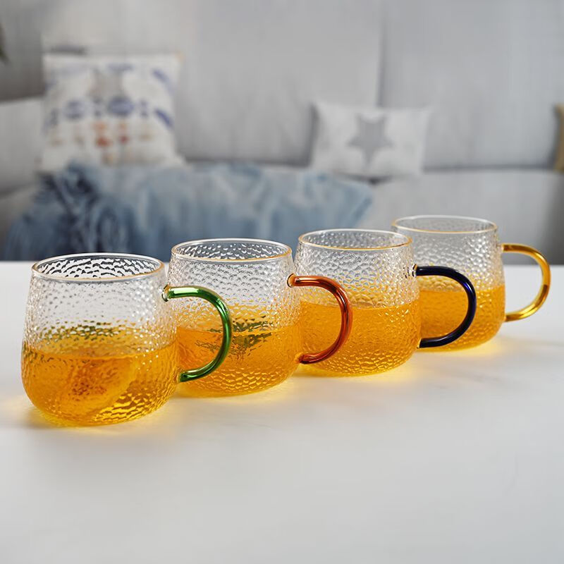 玻璃水杯带把手耐高温防爆泡茶杯家用大容量喝水杯套装ins简约杯 4只（金蓝红绿）450ml