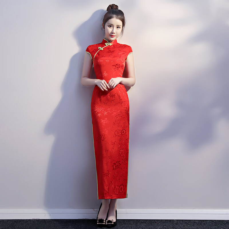 IMPRESSWIT頒獎禮儀小姐服裝迎賓走秀服中國紅禮服長(cháng)版長(cháng)袖外嫁女回娘禮服 短袖金邊 S