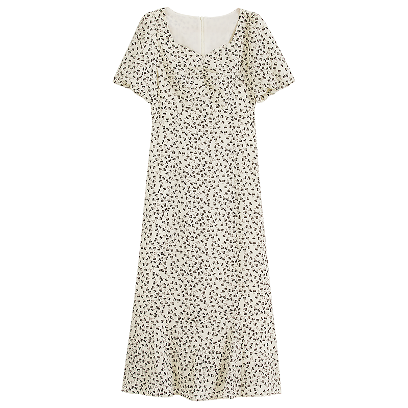 YINER音兒專(zhuān)選2025夏季新款法式樓桃印花撞色方領(lǐng)泡泡袖連衣長(cháng)裙 米白 S 36