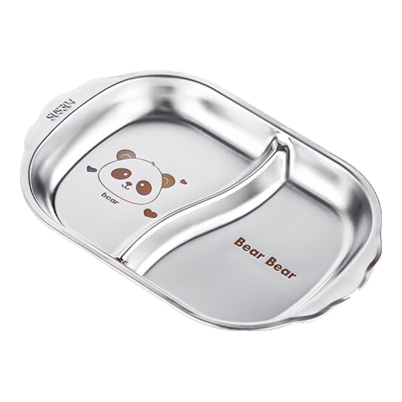 百畅304不锈钢儿童餐盘家用宝宝吃饭专用分格盘幼儿园餐具盘子 304萌宝薯条盘-两格