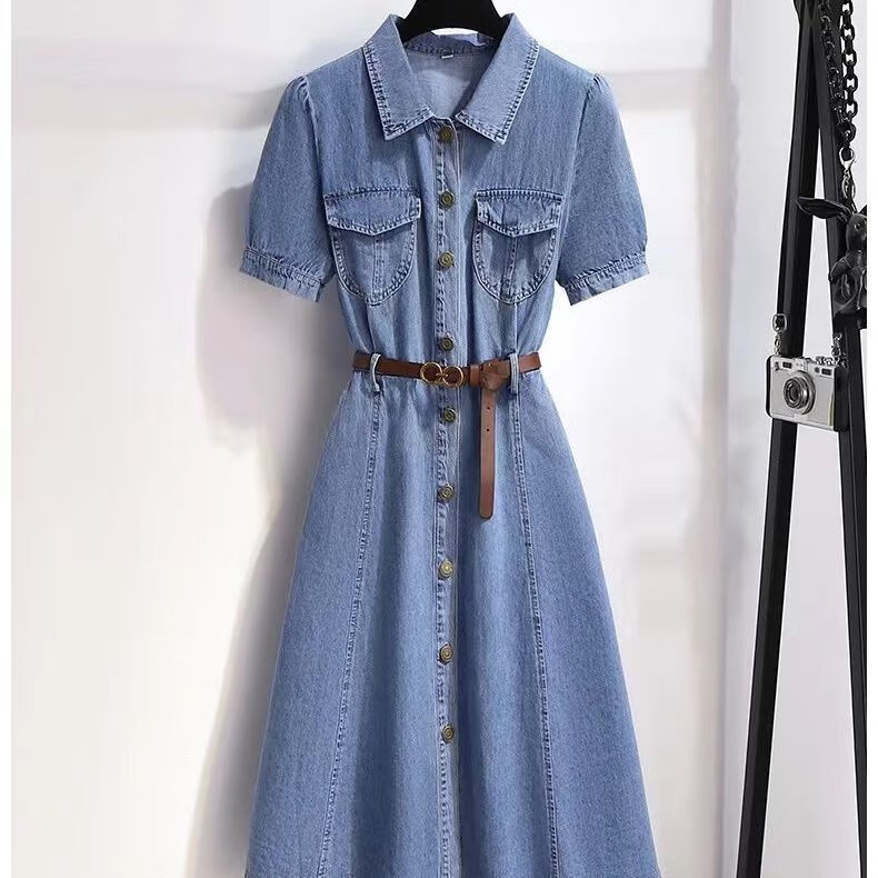 tnwkjlc牛仔裙女夏季修身a字直筒连衣裙短袖牛仔连衣裙女2024夏季法式