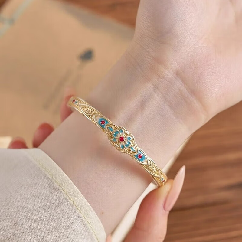 纯银唐草纹手镯女9999实心足银镯子中式民族风复古传承手环 中式宫廷银手镯丨25礼盒丨证书