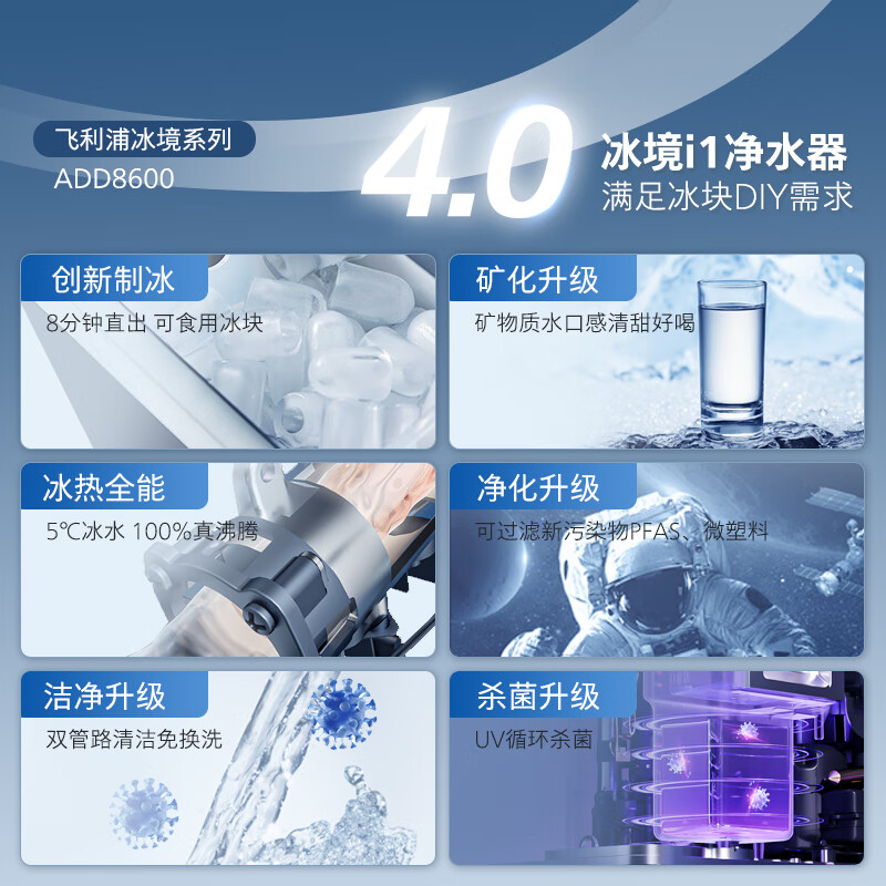 飞利浦(PHILIPS)净水器冰境i1 家用台式即热免安装净饮机饮水机矿泉加热直饮一体机 净水器 【首创制冰净水器】两芯ADD8600