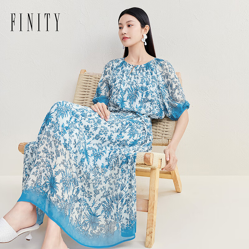 菲妮迪（FINITY）连衣裙2025年夏季新款简约白底花卉印花优雅裙子女 白底印花 L
