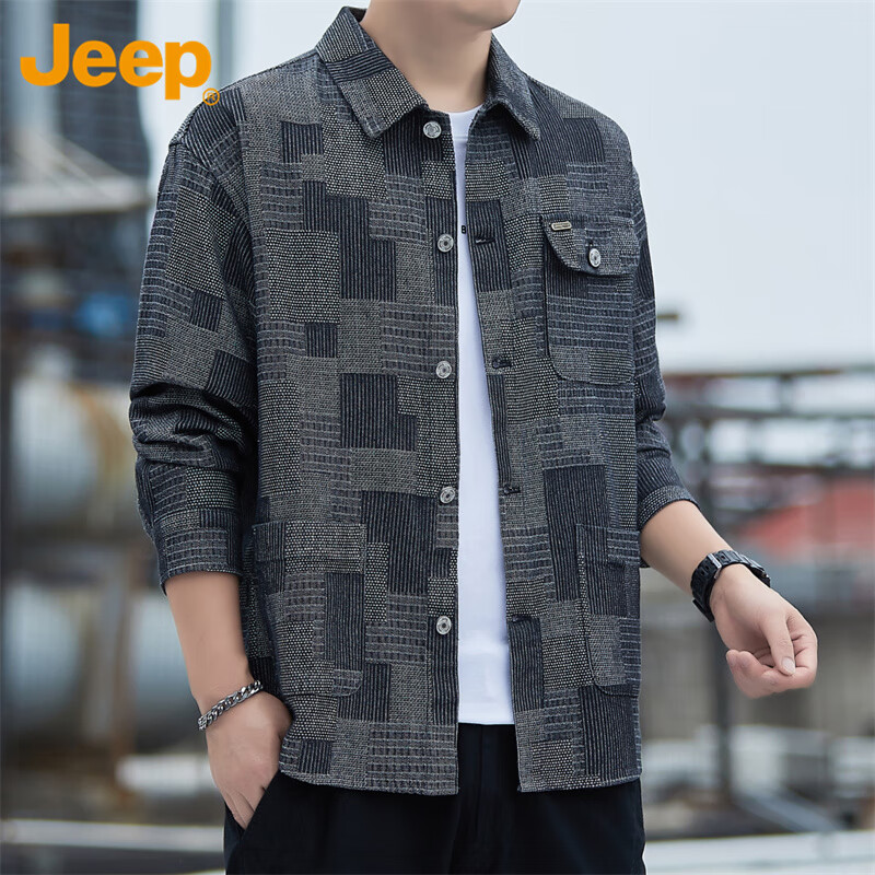 吉普（JEEP）长袖衬衫男春秋季男士休闲工装外套潮流宽松衬衣服男装 黑色 XL
