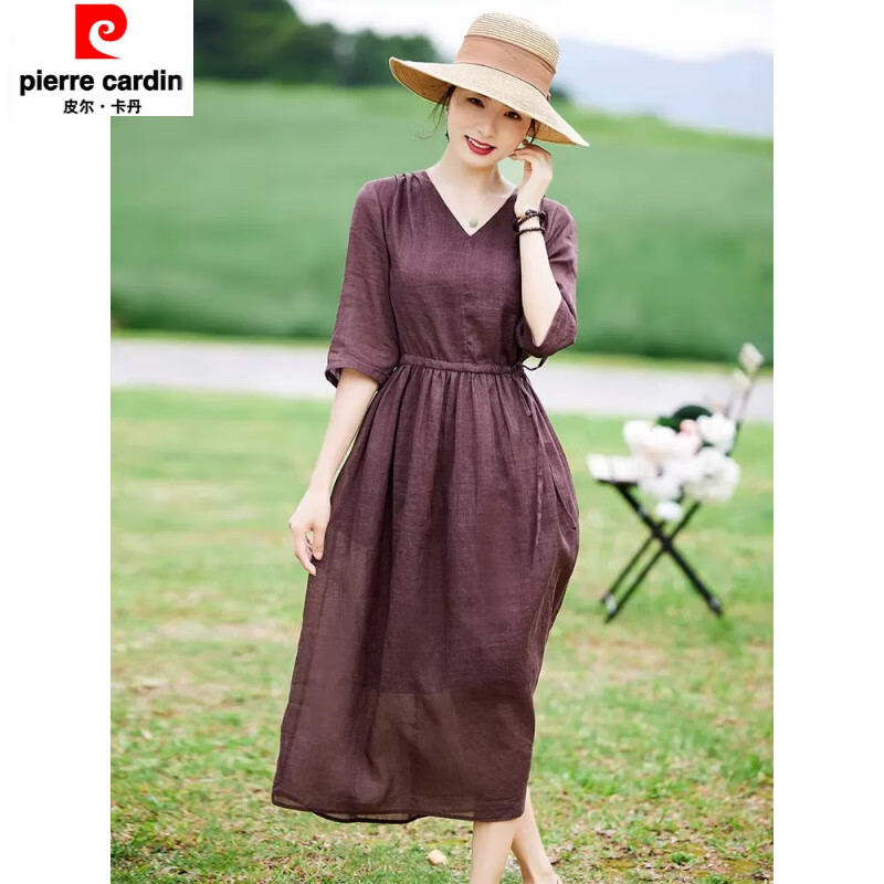 皮爾卡丹（pierre cardin）高端亞麻V領(lǐng)中袖連衣裙女夏系帶顯瘦棉麻長裙子品牌大擺余單 暗紅色 M 【95-115斤】