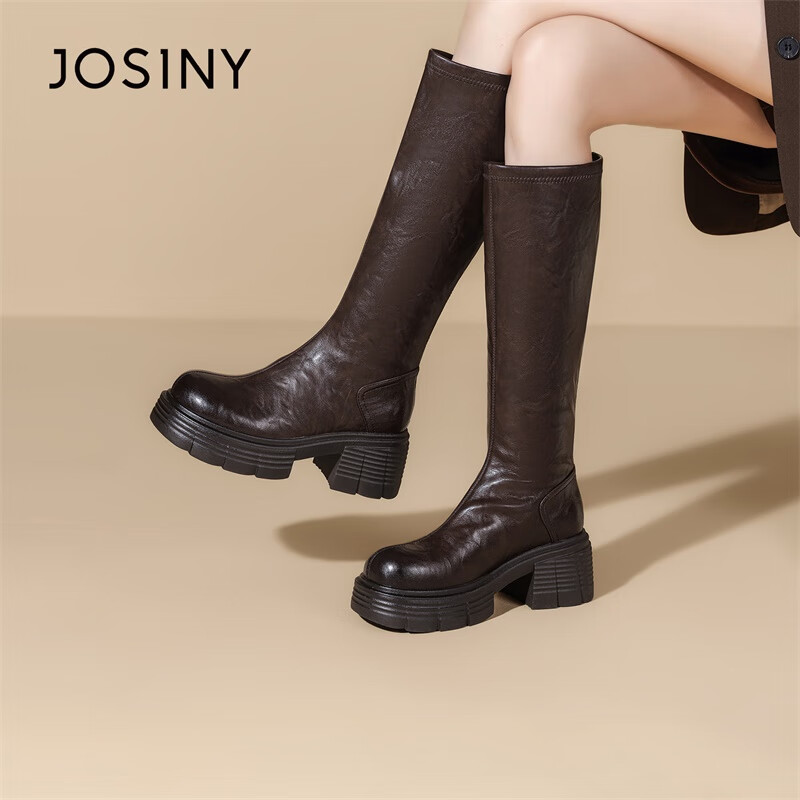 卓诗尼厚底长筒靴女2025新款冬百搭休闲骑士靴洋气时装长靴 红棕色 35