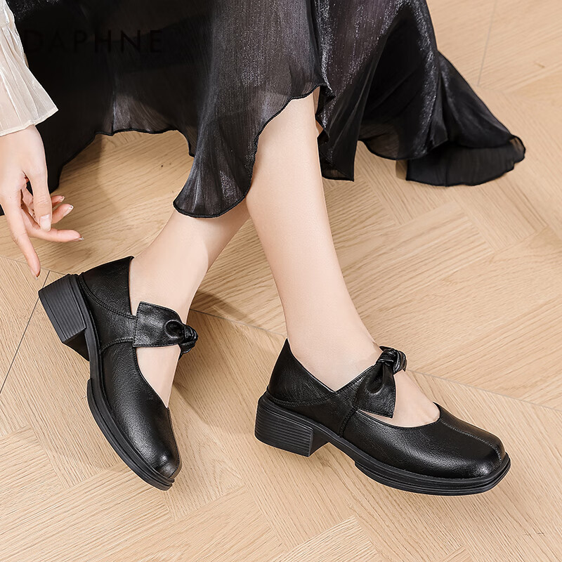 达芙妮复古玛丽珍女鞋2025新款鞋子女单鞋学院风乐福鞋厚底百搭小皮鞋ZJ 黑色【蝴蝶结款】 39