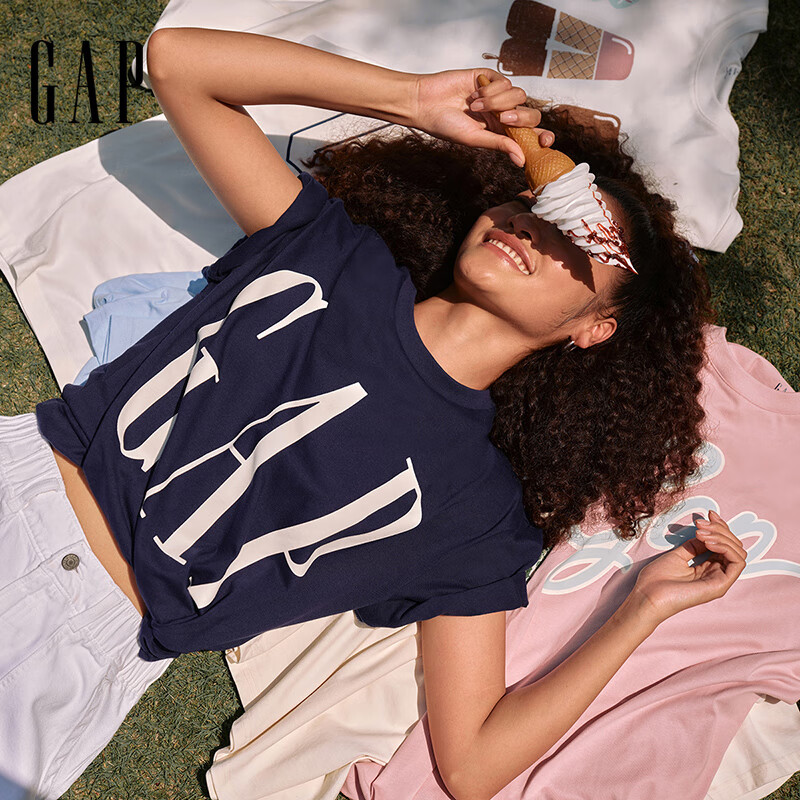 盖璞Gap男女装2026春季款纯棉印花logo圆领短袖T恤725624 海军蓝 L (175/96A)亚洲尺码