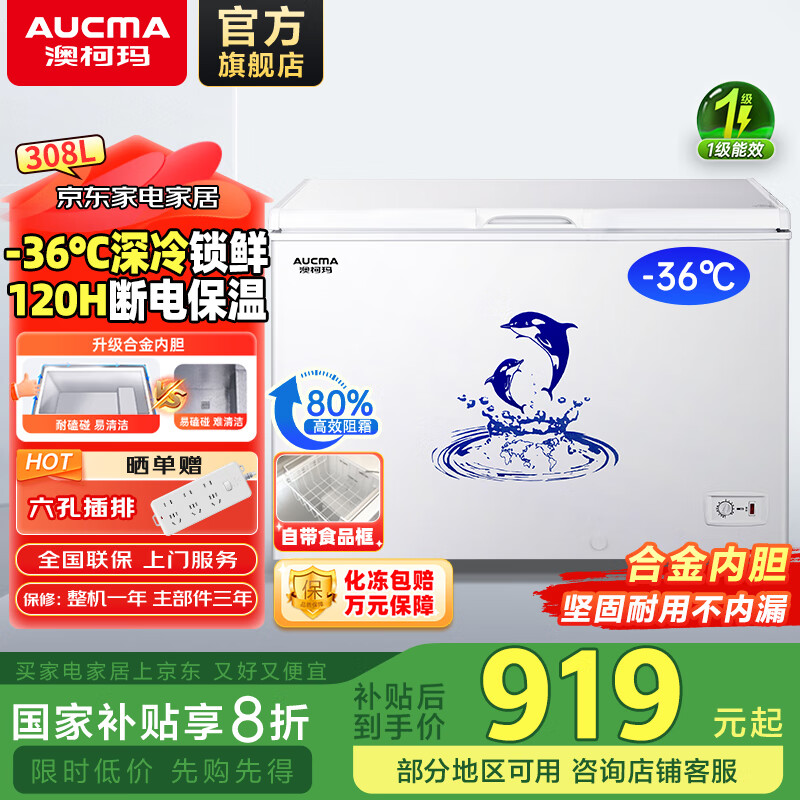 澳柯玛（AUCMA）308升低霜卧式商用家用冰柜 商用大容量冷藏柜大冷冻柜 家用冰箱雪糕柜大冷柜一级能效 BC/BD-308HNE 308L