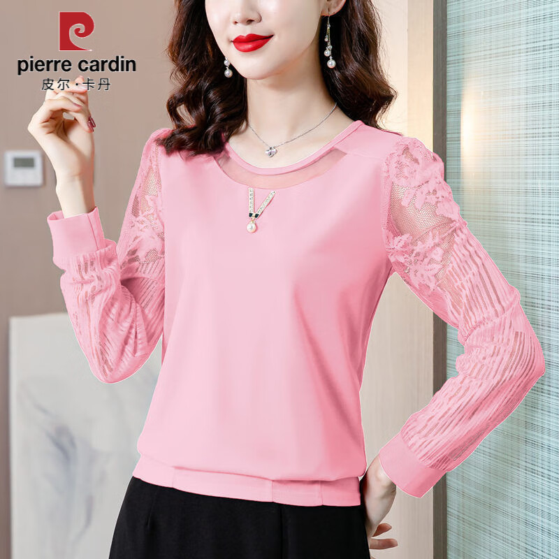 皮爾卡丹（PIERRE CARDIN）蕾絲衫2025春季新款m媽打底衫女士小衫網(wǎng)紗短款上衣外穿長袖T恤 粉紅色【圖片色】 S 建議75-90斤