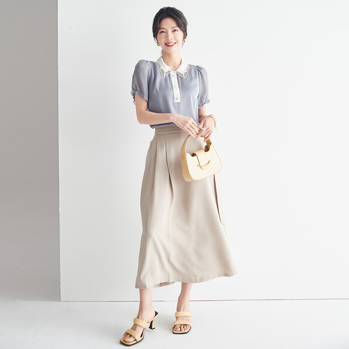 帕罗夏季新款百搭真丝短袖t恤女时尚设计感小众蕾丝边泡泡袖上衣 灰色 L 165/88A