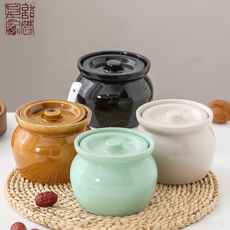 希格鲨炖盅瓦罐隔水炖一人食蒸蛋炖罐带盖汤罐蒸碗中式沙县陶瓷煨汤汤盅 4个装加厚l瓦罐煨H 10.5cm 469ml
