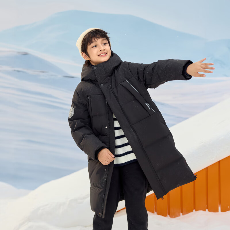 巴拉巴拉儿童羽绒服中长款2024冬装新款加厚外套男女童连帽亲子装 黑色90001-灰鸭绒 90