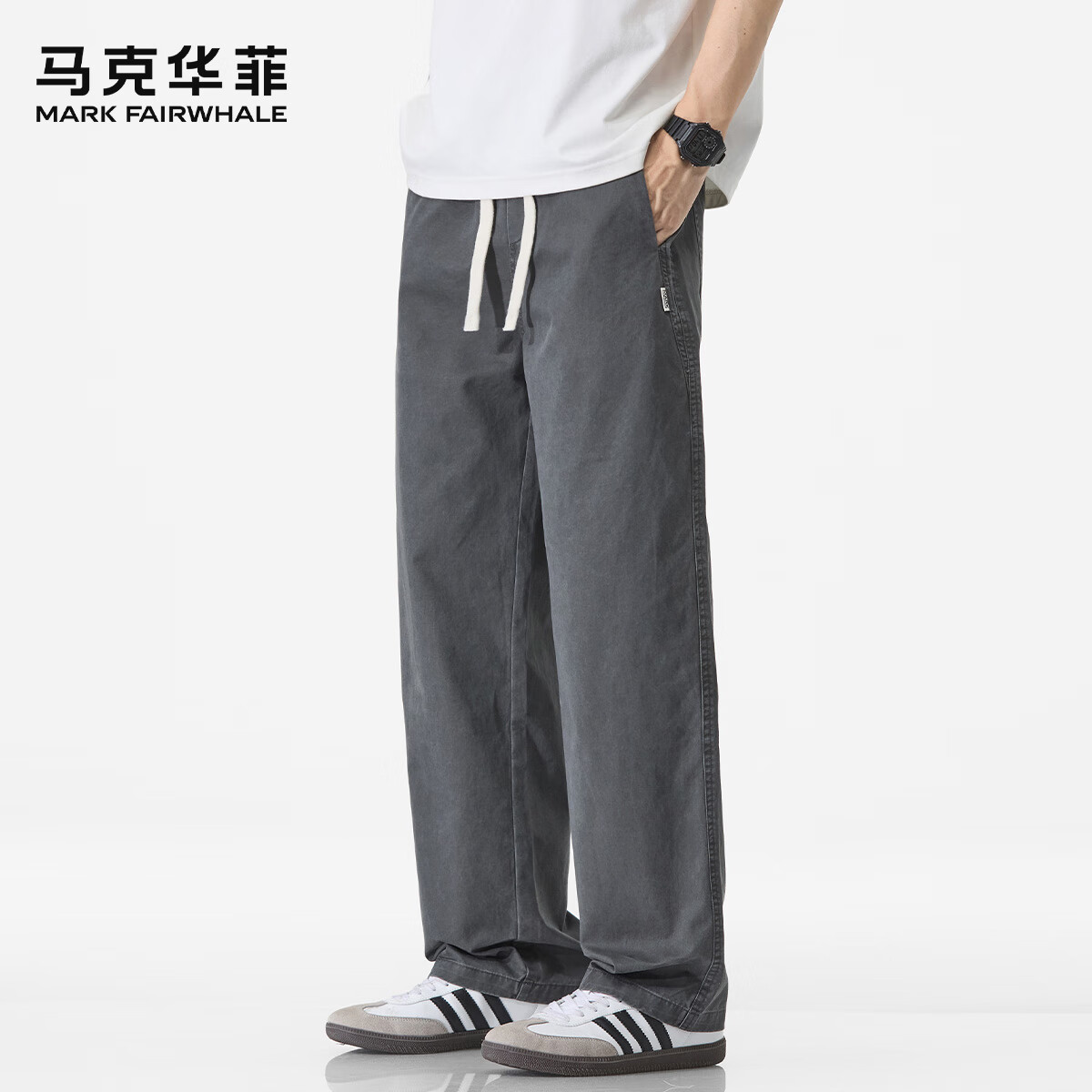 马克华菲纯棉休闲裤男士夏季薄款宽松运动直筒长裤潮流美式高街阔腿男裤