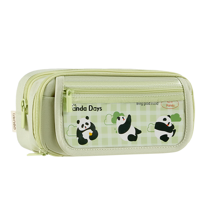 得力（deli）熊猫痛包学生笔袋 简约双拉链大容量铅笔盒多功能文具收纳袋 男孩女孩礼物绿BC435