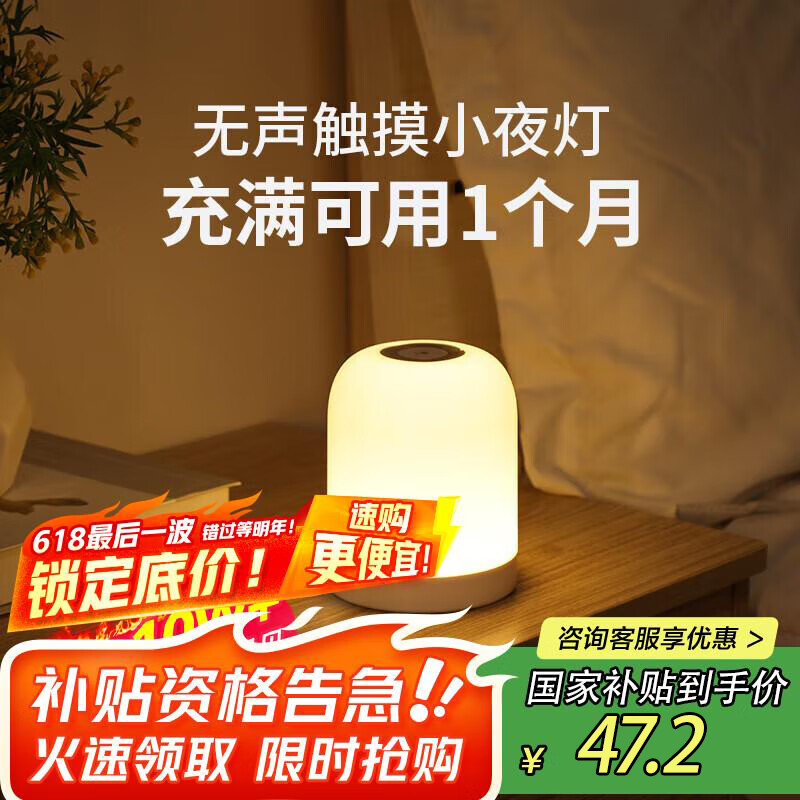 大头人（datouren）小夜灯婴儿喂奶夜灯卧室床头灯氛围灯触摸伴睡眠灯拍拍灯充电台风
