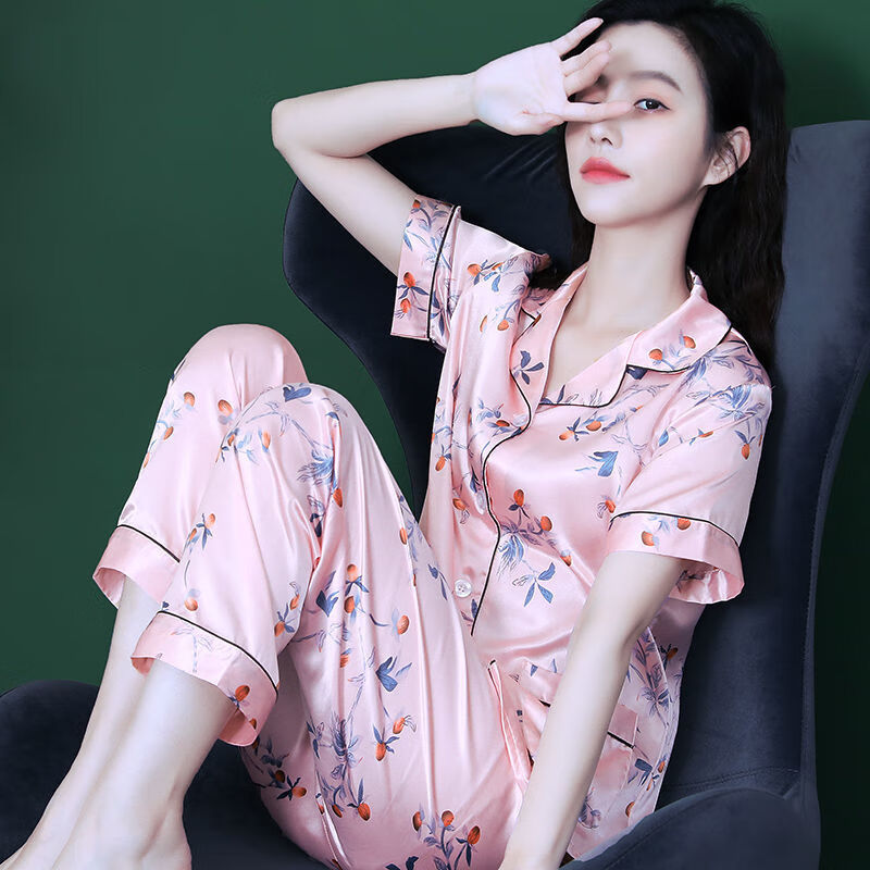 莫代尔冰丝睡衣女春夏季度假风薄款大码长裤短袖夏天冰丝女士夏款家居服 7SC-短长群青梨落 XL (120-135)斤