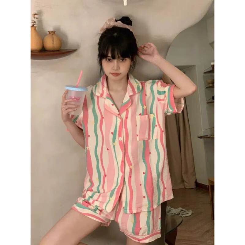 巴洛莲 BORORAMLQ两件套睡衣女夏款短袖长裤可爱彩色条纹开衫休闲宽 云朵棉多巴胺两件套 M 建议80-100斤