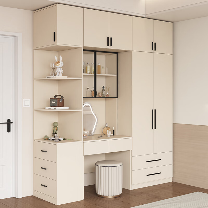 雨村实木生态板卧室简约衣柜定制转角衣柜奶油风收纳储物大容量衣柜 两门抽屉衣柜+边柜+书桌柜+顶柜