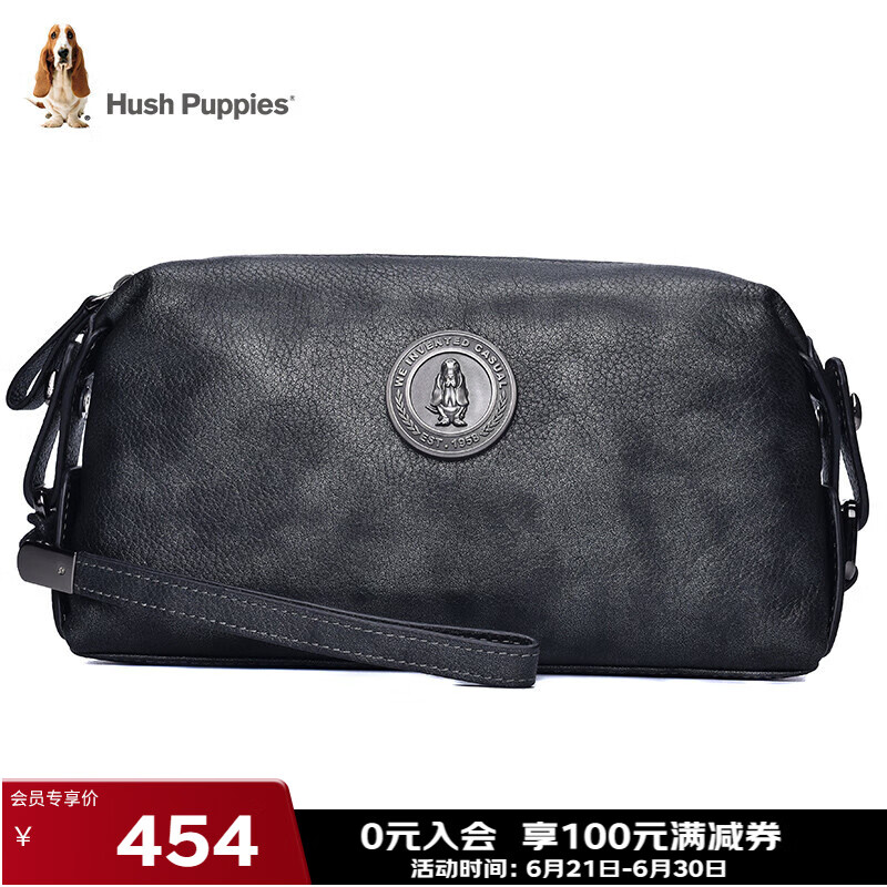 暇步士（Hush Puppies） 手拿包包头层牛皮大容量休闲商务男包银灰色送男朋友生日礼物