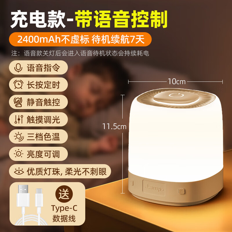 万火（onefire）智能语音控制小夜灯充电款声控感应卧室床头睡眠儿童定时台灯家用 【升级语音款】语音_触控开灯+24
