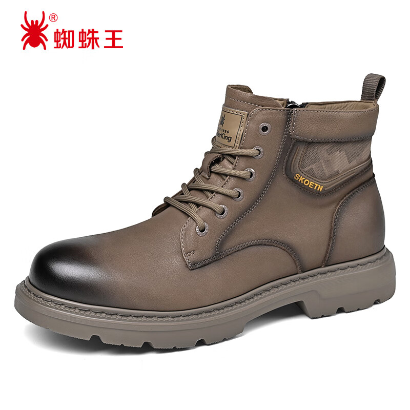蜘蛛王短靴男秋冬季高帮牛皮复古马丁靴男士工装靴子 2E02F153 卡其 38
