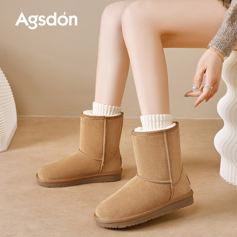 奥古狮登（Agsdon）雪地靴女棉鞋简约百搭加绒短靴女靴棉靴 9421 栗色 38