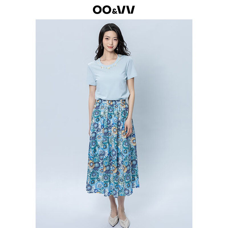 OO&VV设计感海星饰品项链圆领短袖T恤女2025夏修身显瘦休闲上衣新 天空蓝 S