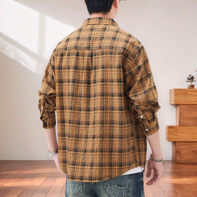 磨毛长袖衬衫格子美式重磅休闲风大码青年上衣秋冬加绒工装外套男 绿色 D327 2XL 建议161-175斤