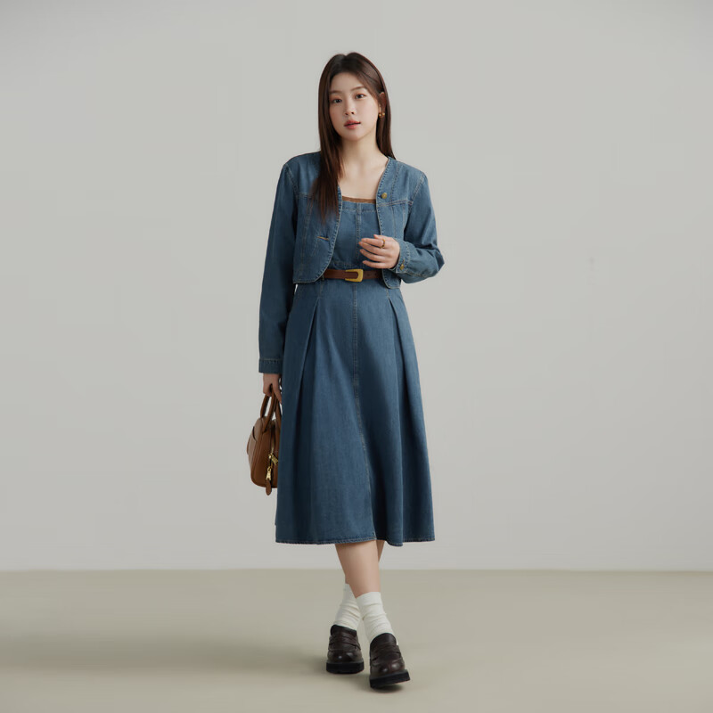 獨(dú)束大碼女裝復(fù)古牛仔外套吊帶裙兩件套春裝新款休閑牛仔時尚套裝 復(fù)古藍(lán) XXS (160)