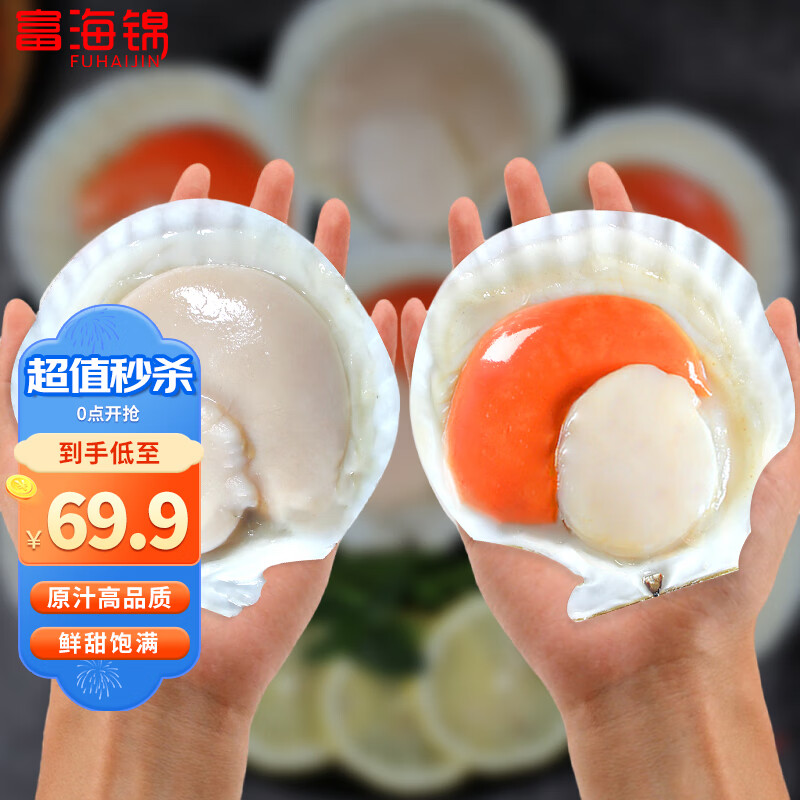 富海锦鲜汁半壳虾夷扇贝540g 8-10只无沙火锅烧烤食材 海鲜生鲜贝类送礼