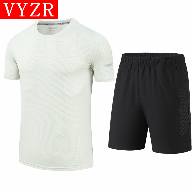VYZR健身套装男夏季宽松圆领冰丝速干衣运动短袖晨跑步羽毛篮球短裤 浅绿色+黑色 M