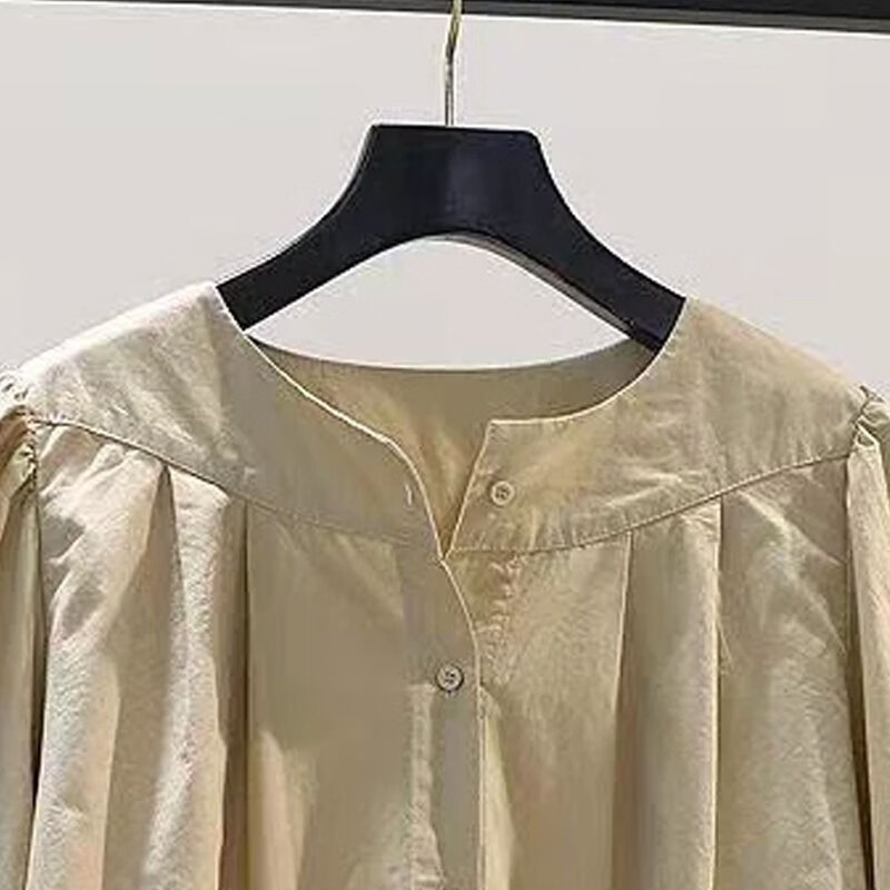 子牧棉麻2025秋装 女文艺百搭圆领宽松显瘦灯笼袖褶皱衬衫上衣8236 杏色 L (建议115-125斤)