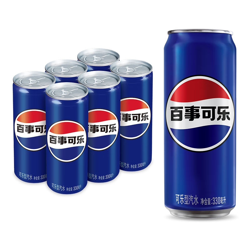 百事可乐碳酸汽水饮料  整箱装 Pepsi百事出品 新老包装随机发货 年货节 330ml*6罐 百事原味细长罐